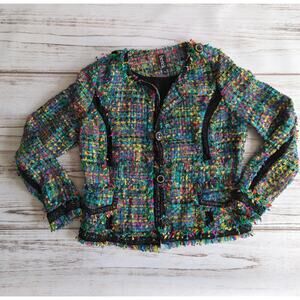 Berek Tweed Blazer Jacket Button Front Multicolor  with Lace Accents sz PM